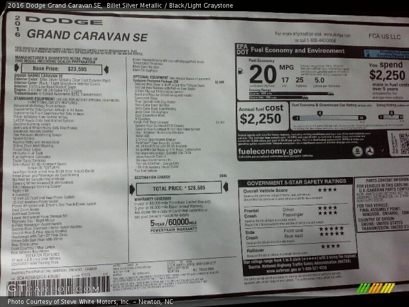 Billet Silver Metallic / Black/Light Graystone 2016 Dodge Grand Caravan SE