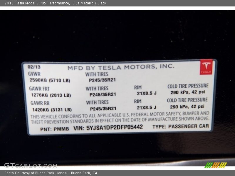 Info Tag of 2013 Model S P85 Performance