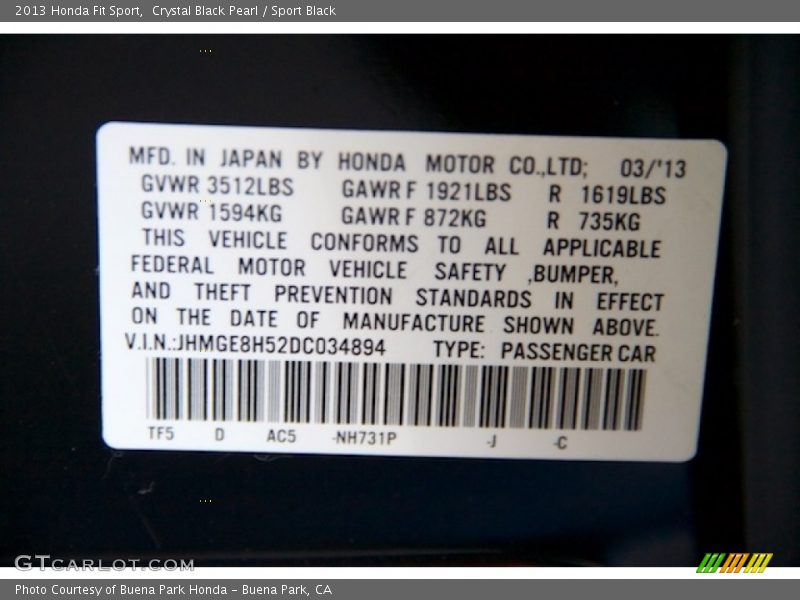 Crystal Black Pearl / Sport Black 2013 Honda Fit Sport