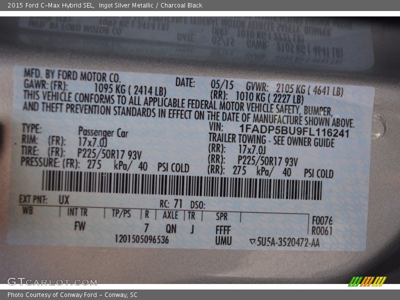 Ingot Silver Metallic / Charcoal Black 2015 Ford C-Max Hybrid SEL