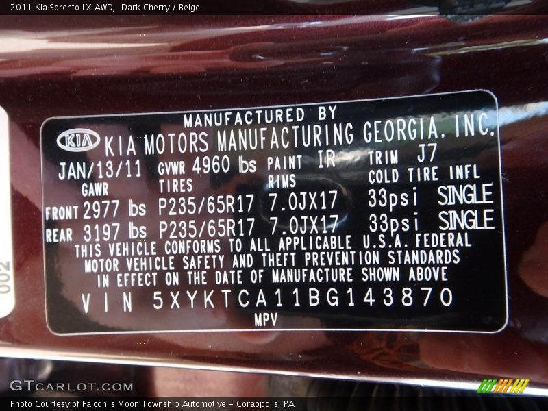 Dark Cherry / Beige 2011 Kia Sorento LX AWD