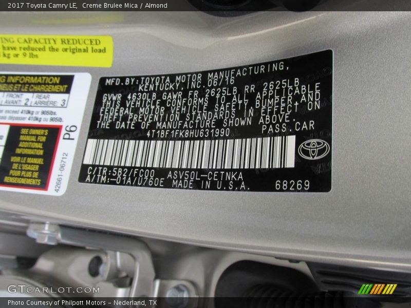 2017 Camry LE Creme Brulee Mica Color Code 5B2