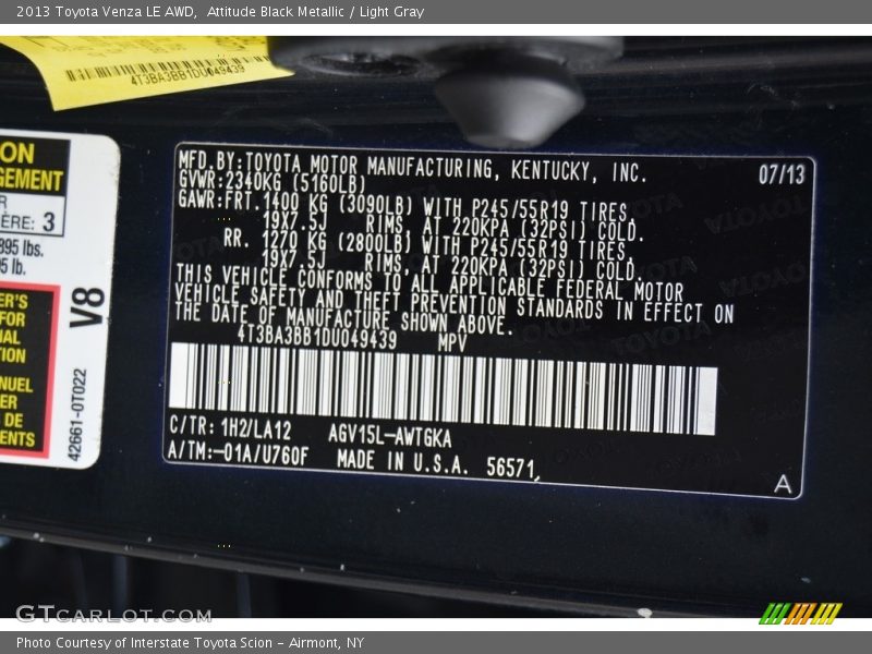 Attitude Black Metallic / Light Gray 2013 Toyota Venza LE AWD
