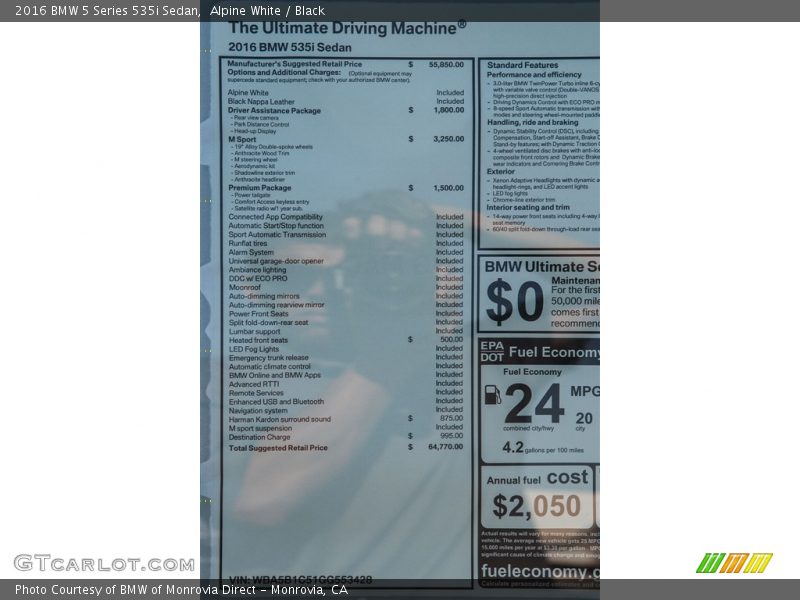 Alpine White / Black 2016 BMW 5 Series 535i Sedan