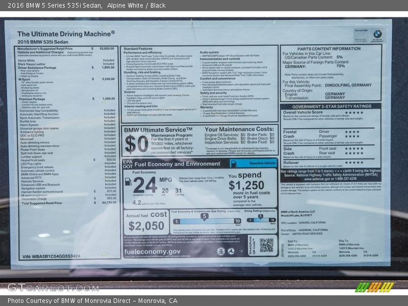 Alpine White / Black 2016 BMW 5 Series 535i Sedan