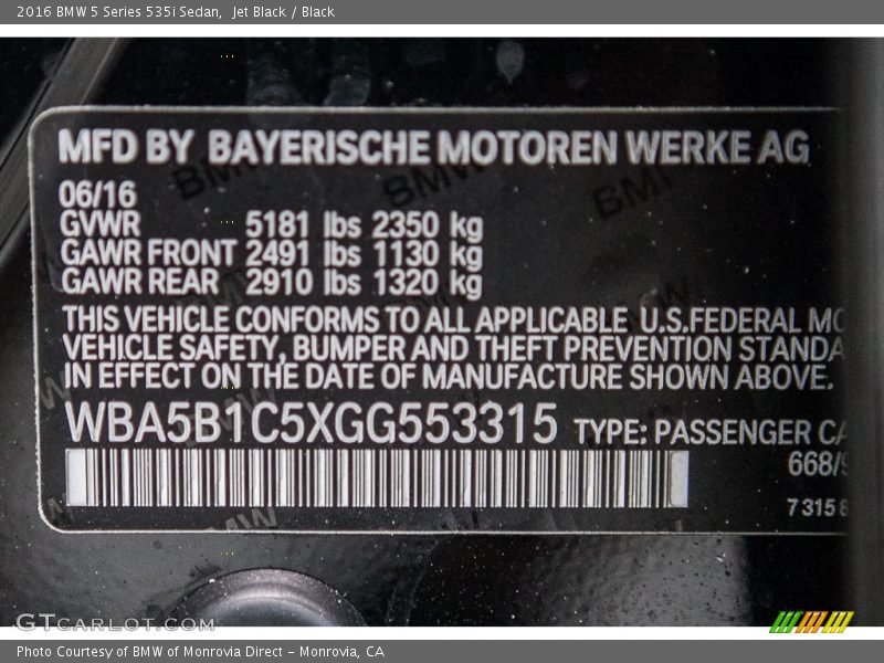 Jet Black / Black 2016 BMW 5 Series 535i Sedan