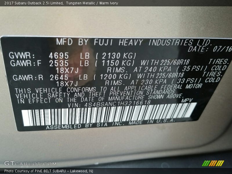 Tungsten Metallic / Warm Ivory 2017 Subaru Outback 2.5i Limited