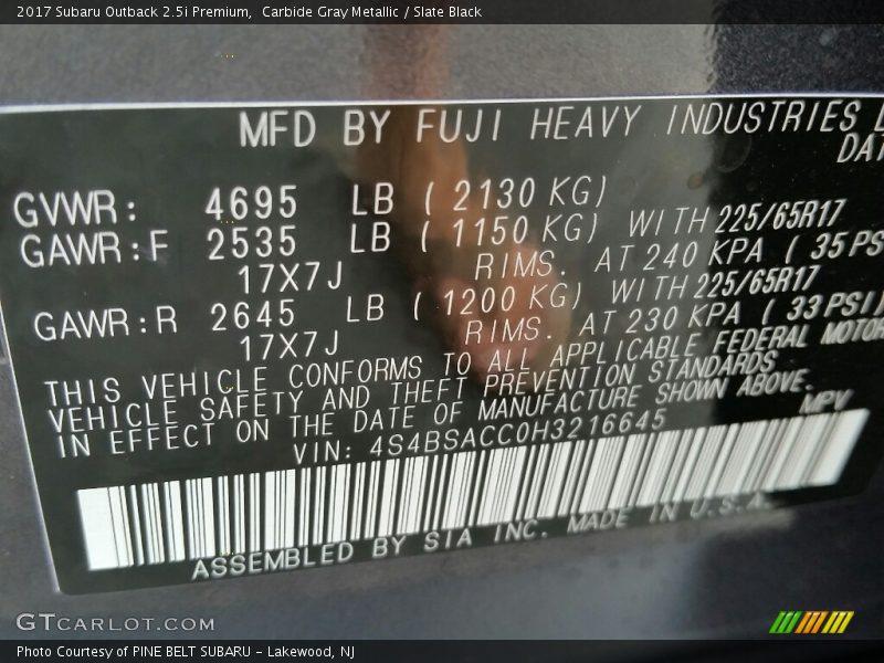 Carbide Gray Metallic / Slate Black 2017 Subaru Outback 2.5i Premium
