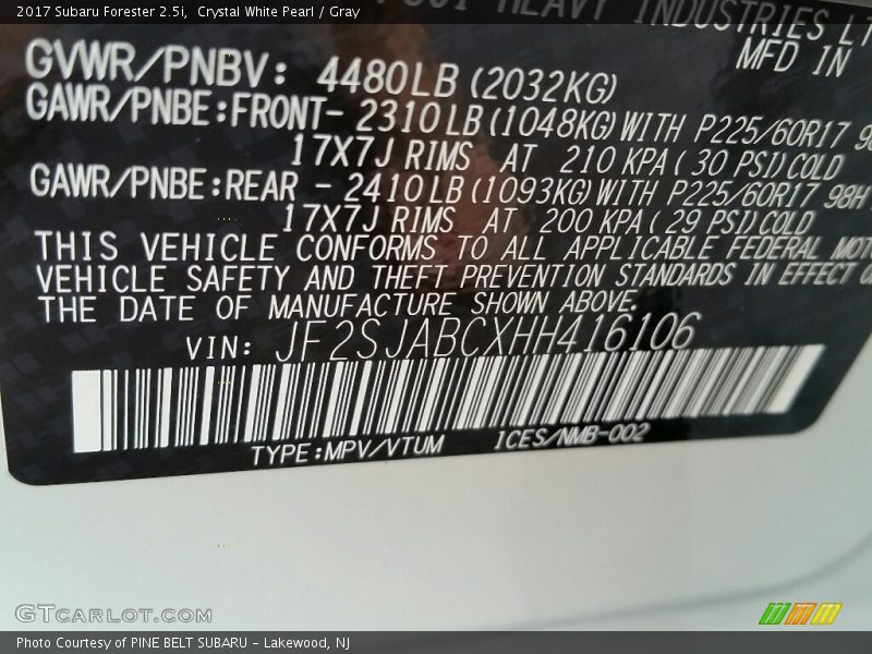 Crystal White Pearl / Gray 2017 Subaru Forester 2.5i