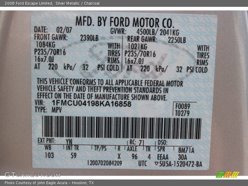 Silver Metallic / Charcoal 2008 Ford Escape Limited