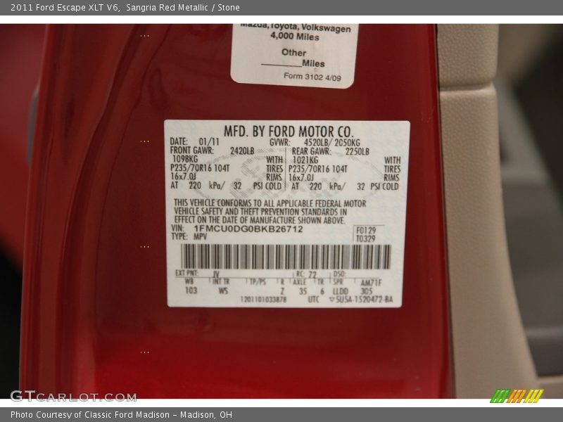 Sangria Red Metallic / Stone 2011 Ford Escape XLT V6