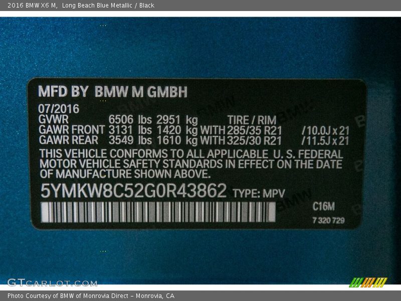 2016 X6 M  Long Beach Blue Metallic Color Code C16