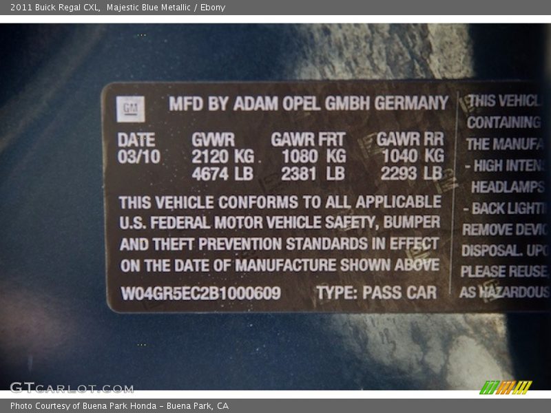 Majestic Blue Metallic / Ebony 2011 Buick Regal CXL