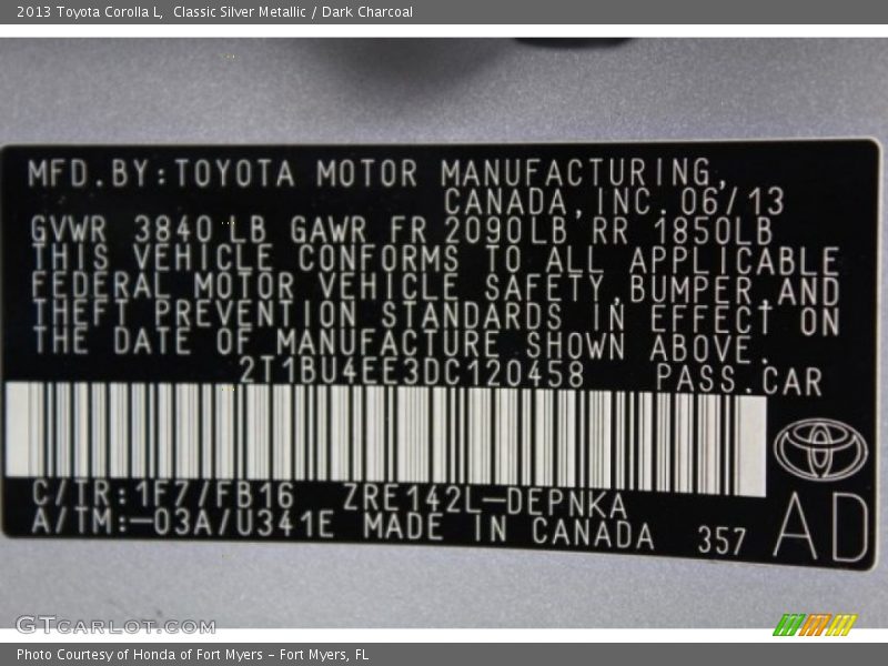 Classic Silver Metallic / Dark Charcoal 2013 Toyota Corolla L