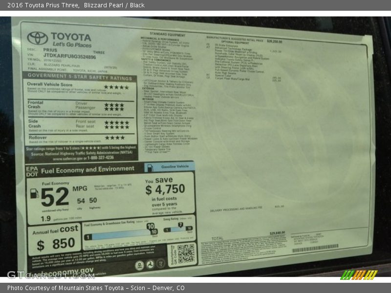 Blizzard Pearl / Black 2016 Toyota Prius Three