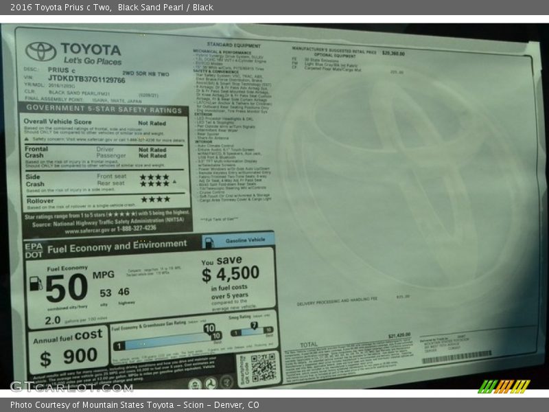 Black Sand Pearl / Black 2016 Toyota Prius c Two