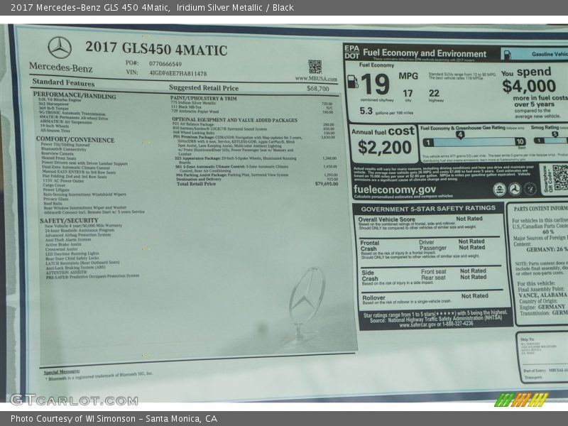  2017 GLS 450 4Matic Window Sticker