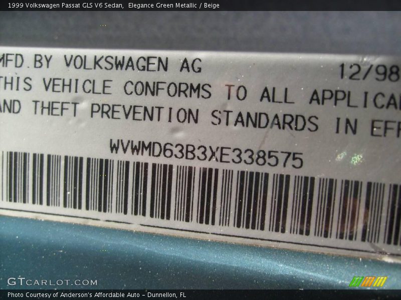 Elegance Green Metallic / Beige 1999 Volkswagen Passat GLS V6 Sedan