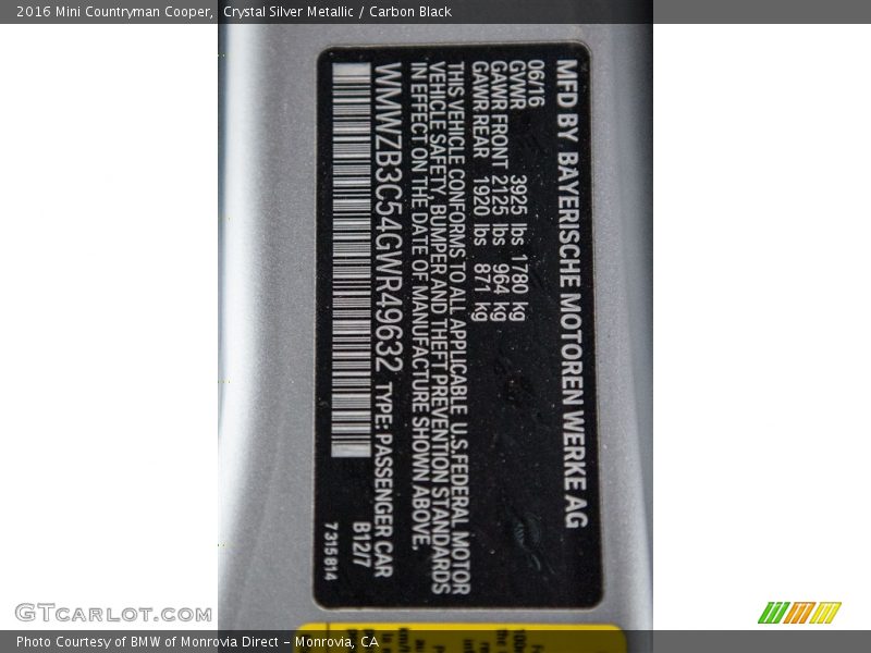 Crystal Silver Metallic / Carbon Black 2016 Mini Countryman Cooper