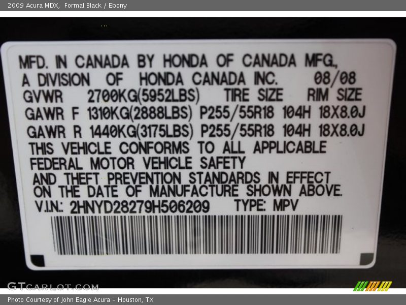 Formal Black / Ebony 2009 Acura MDX