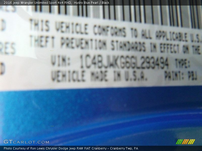 Hydro Blue Pearl / Black 2016 Jeep Wrangler Unlimited Sport 4x4 RHD