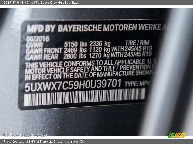 Space Gray Metallic / Black 2017 BMW X3 xDrive35i