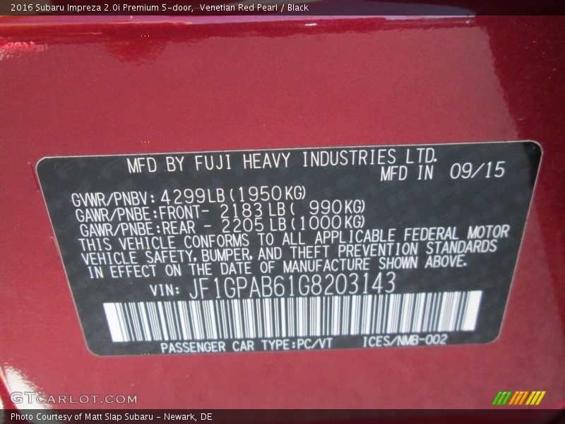 Venetian Red Pearl / Black 2016 Subaru Impreza 2.0i Premium 5-door