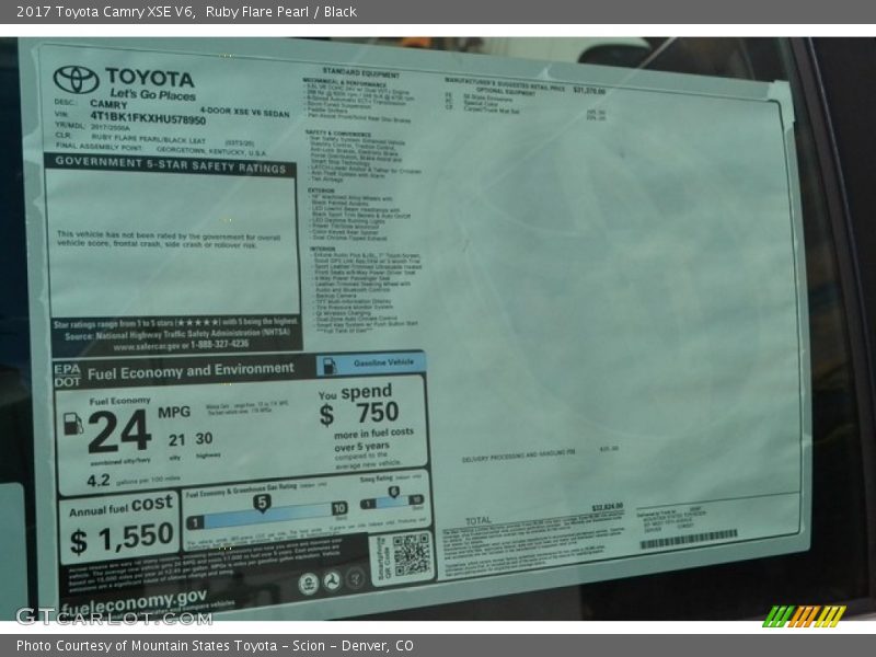  2017 Camry XSE V6 Window Sticker