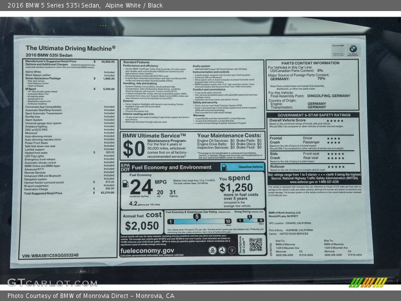 Alpine White / Black 2016 BMW 5 Series 535i Sedan