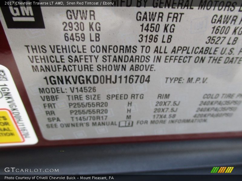 Siren Red Tintcoat / Ebony 2017 Chevrolet Traverse LT AWD