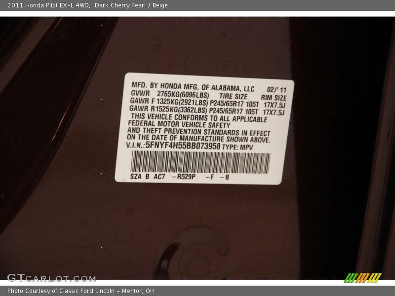 Dark Cherry Pearl / Beige 2011 Honda Pilot EX-L 4WD