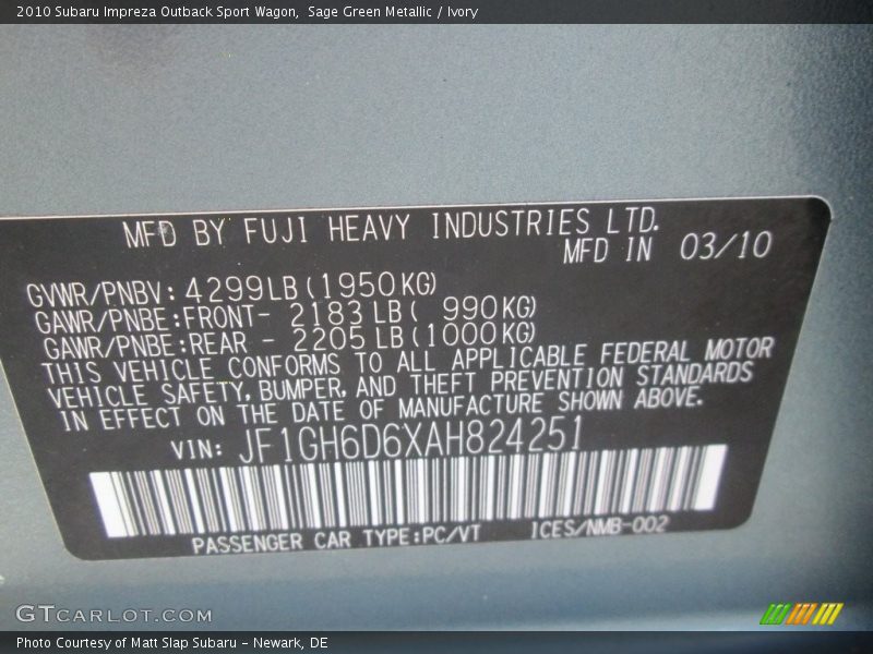 Sage Green Metallic / Ivory 2010 Subaru Impreza Outback Sport Wagon