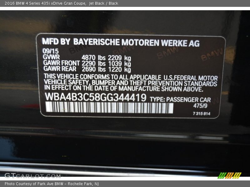 Jet Black / Black 2016 BMW 4 Series 435i xDrive Gran Coupe