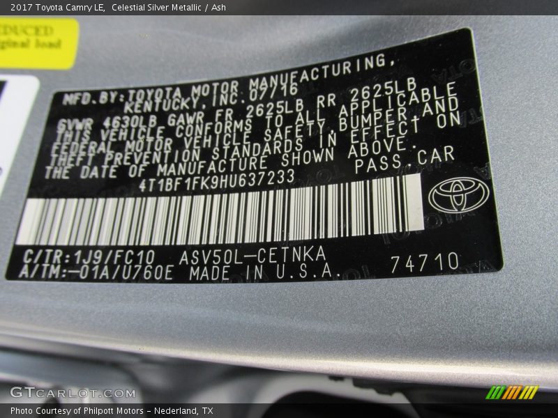 2017 Camry LE Celestial Silver Metallic Color Code 1J9