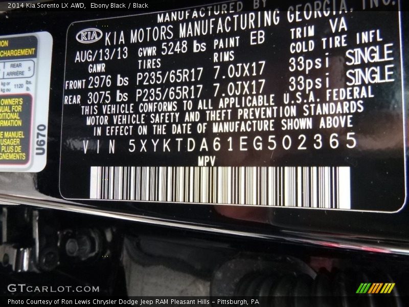 Ebony Black / Black 2014 Kia Sorento LX AWD