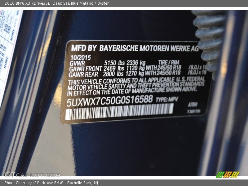 2016 X3 xDrive35i Deep Sea Blue Metallic Color Code A76