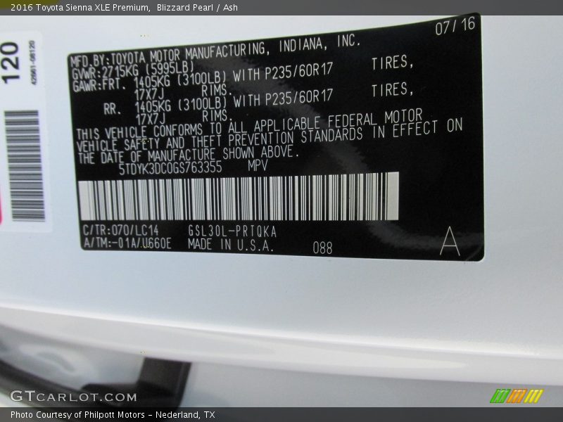 Blizzard Pearl / Ash 2016 Toyota Sienna XLE Premium