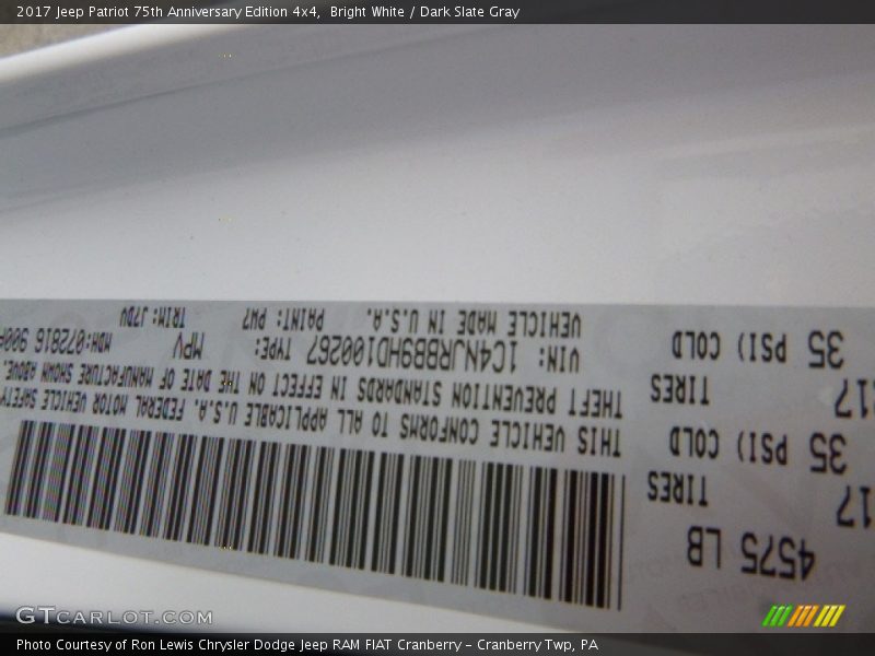 Bright White / Dark Slate Gray 2017 Jeep Patriot 75th Anniversary Edition 4x4