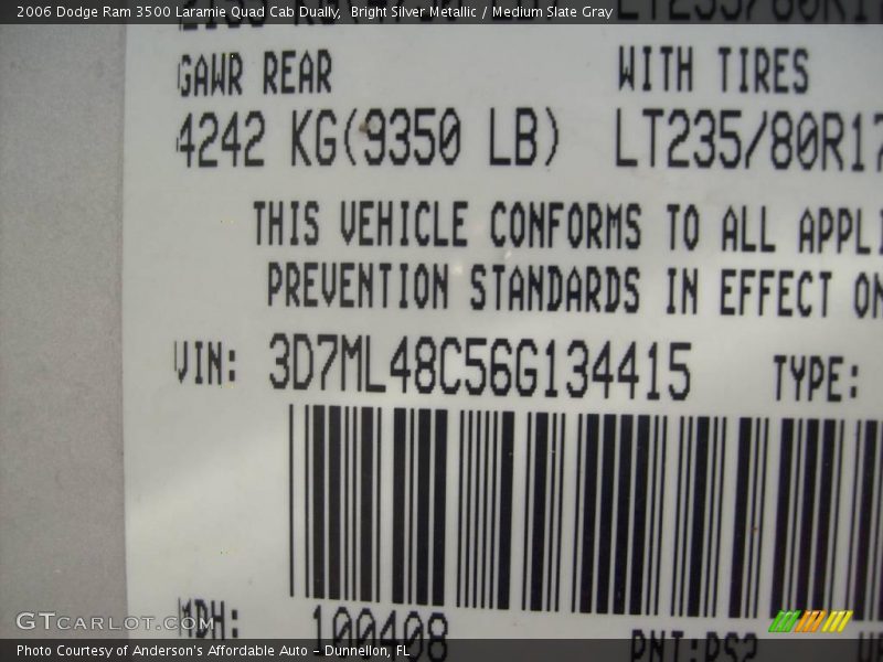 Bright Silver Metallic / Medium Slate Gray 2006 Dodge Ram 3500 Laramie Quad Cab Dually