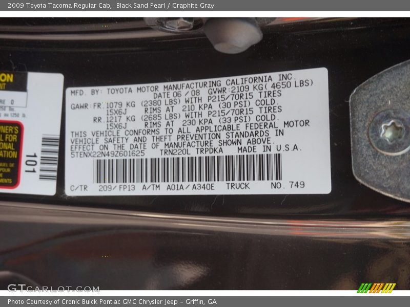 Black Sand Pearl / Graphite Gray 2009 Toyota Tacoma Regular Cab