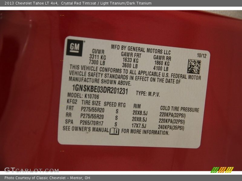 Crystal Red Tintcoat / Light Titanium/Dark Titanium 2013 Chevrolet Tahoe LT 4x4