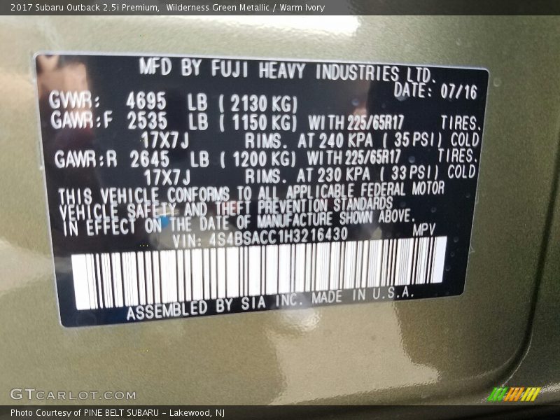 Wilderness Green Metallic / Warm Ivory 2017 Subaru Outback 2.5i Premium