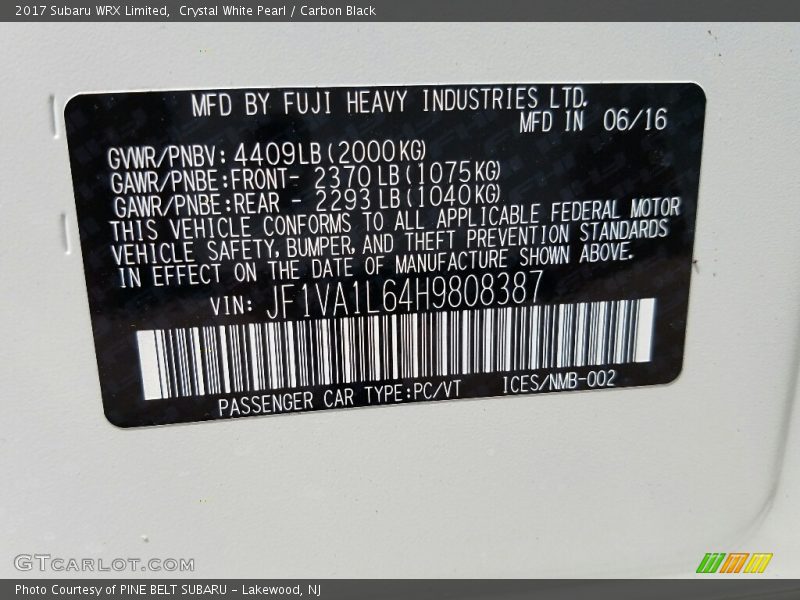 Crystal White Pearl / Carbon Black 2017 Subaru WRX Limited
