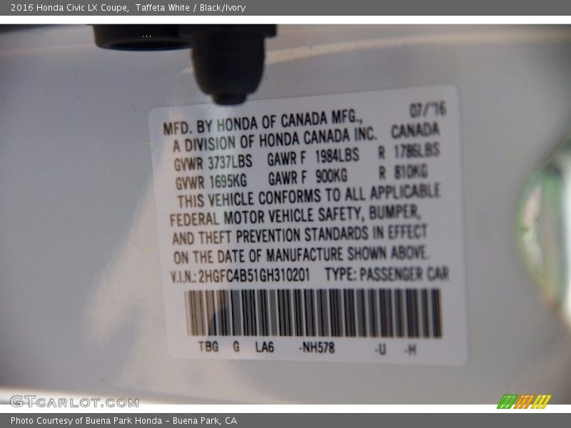 Taffeta White / Black/Ivory 2016 Honda Civic LX Coupe