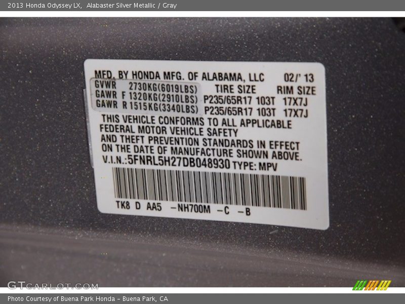 Alabaster Silver Metallic / Gray 2013 Honda Odyssey LX