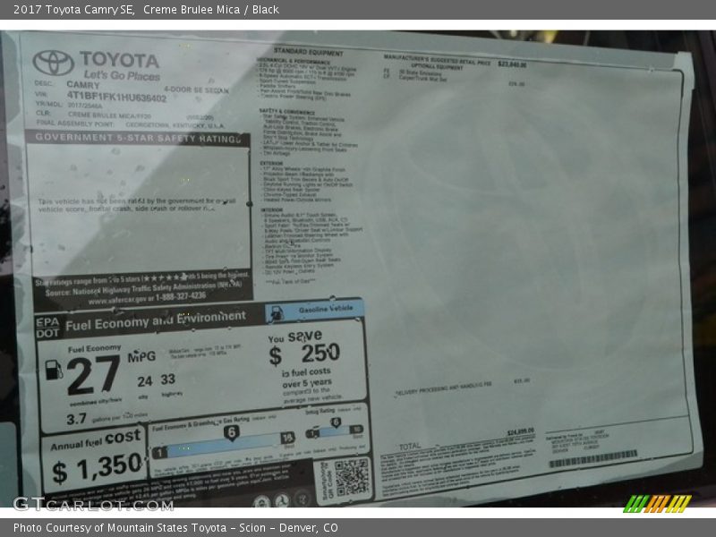  2017 Camry SE Window Sticker