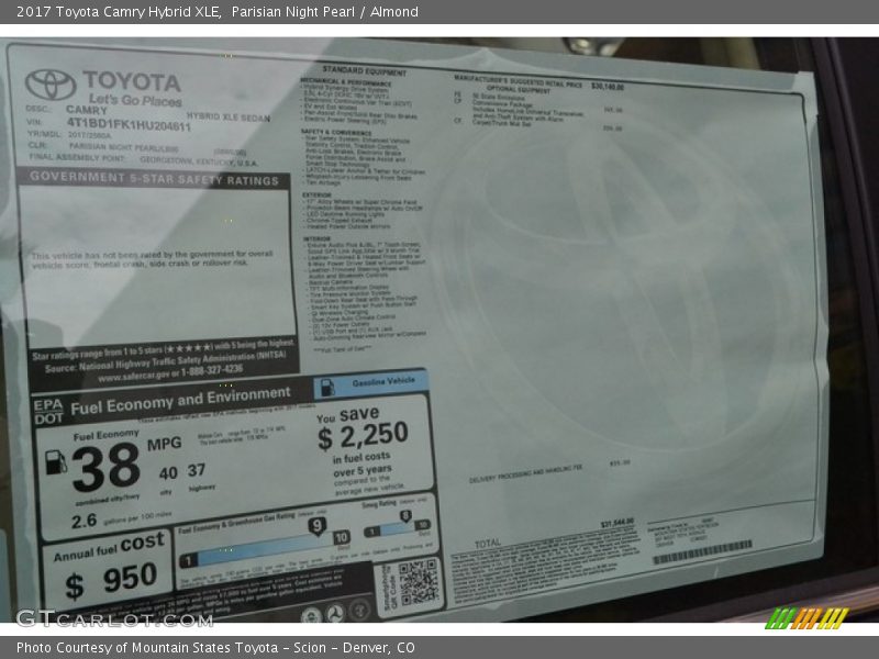  2017 Camry Hybrid XLE Window Sticker