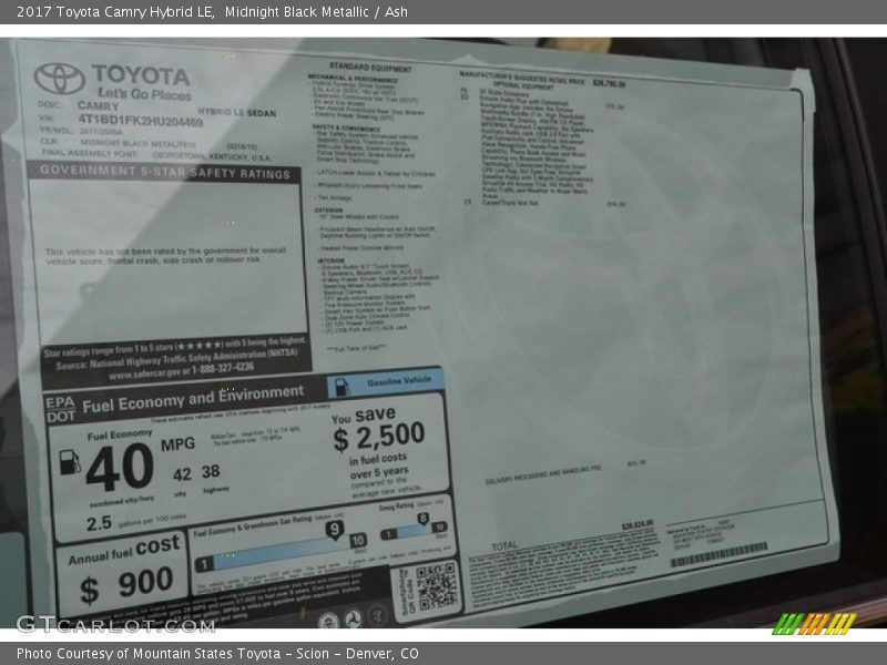  2017 Camry Hybrid LE Window Sticker