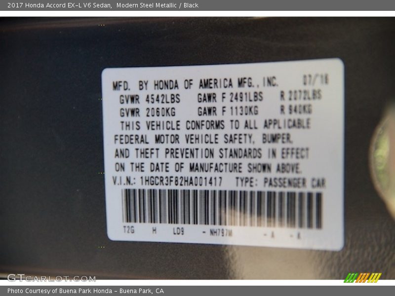 Modern Steel Metallic / Black 2017 Honda Accord EX-L V6 Sedan