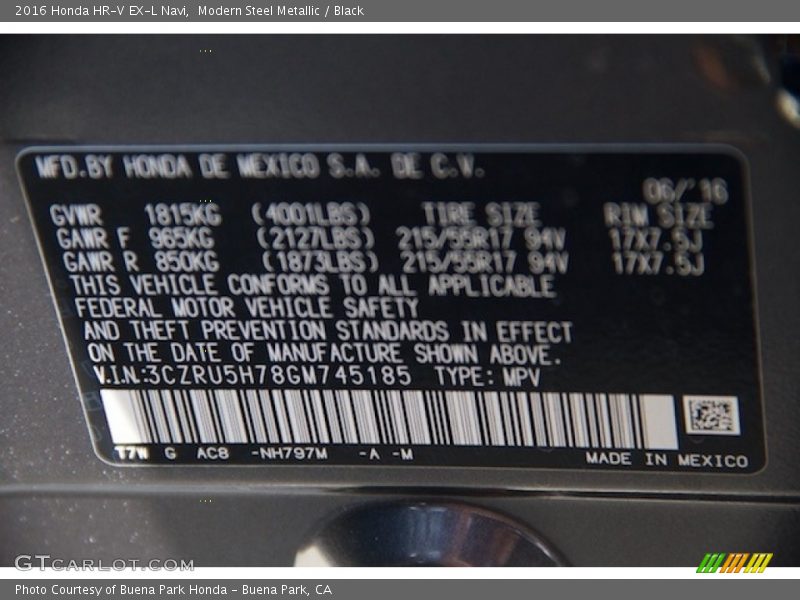 Modern Steel Metallic / Black 2016 Honda HR-V EX-L Navi